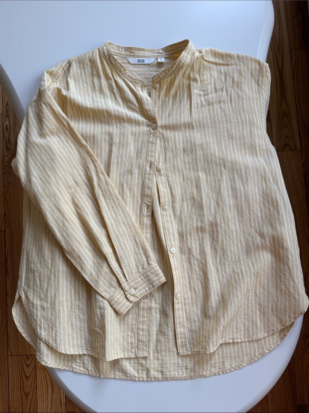 Uniqlo Pale Yellow Striped Mandarin-Collar Shirt